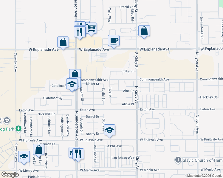map of restaurants, bars, coffee shops, grocery stores, and more near 2838 Alne Drive in Hemet