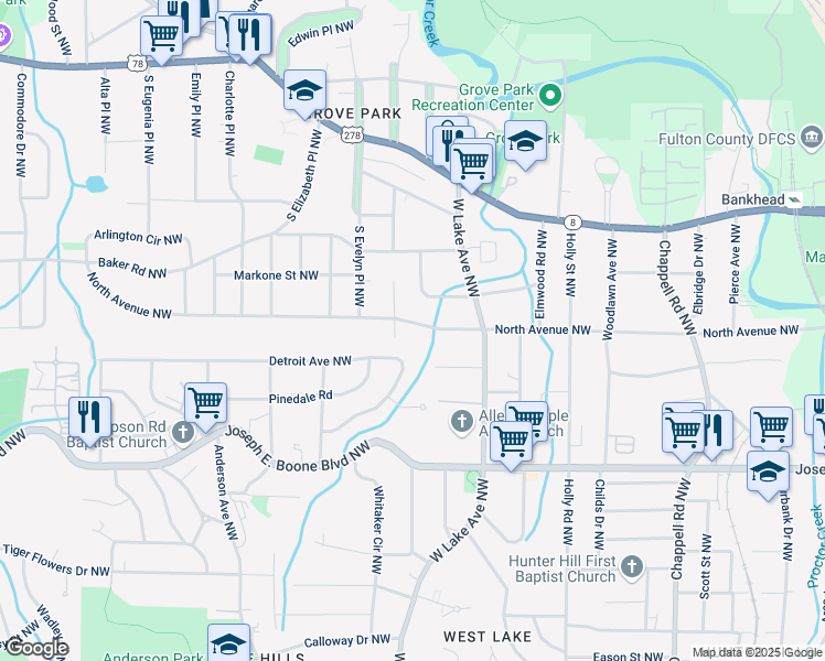 map of restaurants, bars, coffee shops, grocery stores, and more near 1712 North Avenue Northwest in Atlanta
