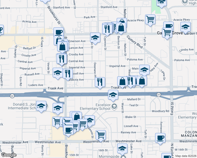 map of restaurants, bars, coffee shops, grocery stores, and more near 13391 Adland Street in Garden Grove