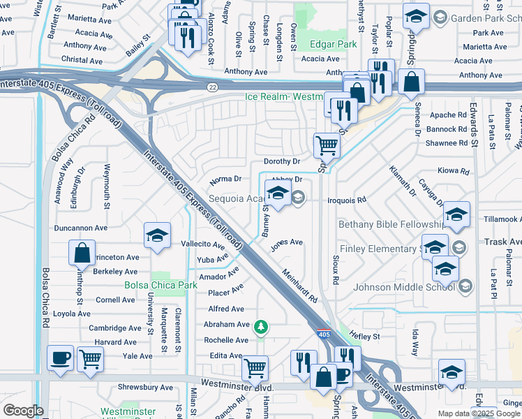 map of restaurants, bars, coffee shops, grocery stores, and more near 13391 Barney Street in Westminster