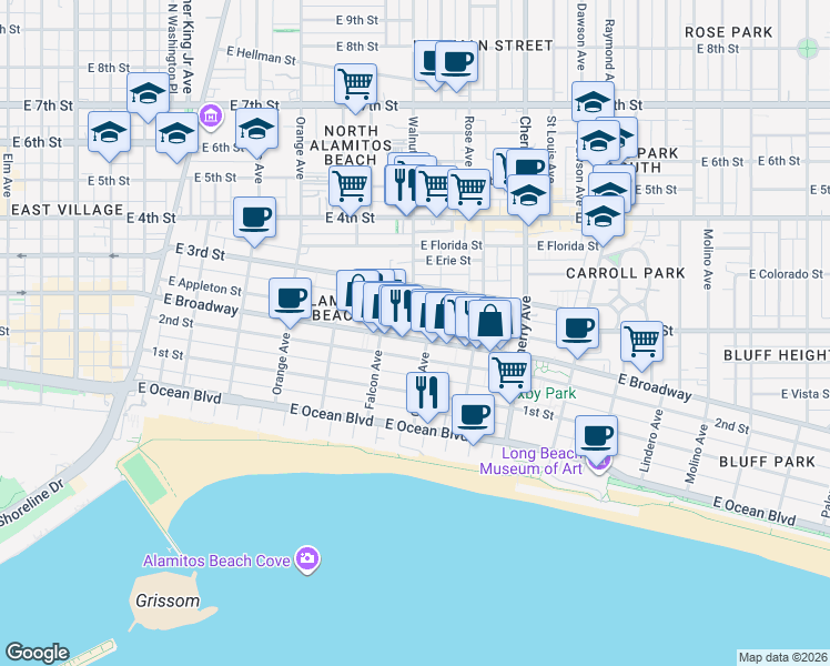 map of restaurants, bars, coffee shops, grocery stores, and more near 1629 East Broadway in Long Beach