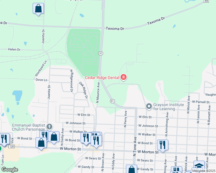 map of restaurants, bars, coffee shops, grocery stores, and more near 1336 Texas 91 in Denison