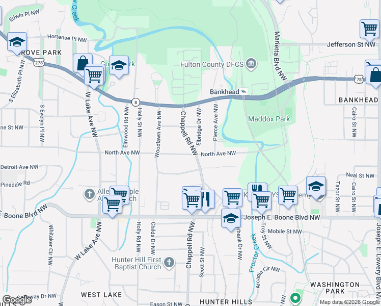 map of restaurants, bars, coffee shops, grocery stores, and more near in Atlanta