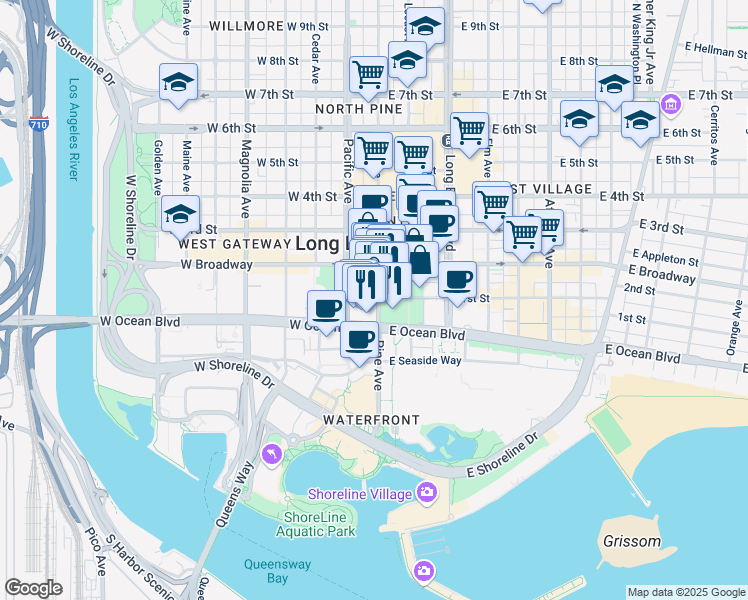 map of restaurants, bars, coffee shops, grocery stores, and more near 231 Pine Avenue in Long Beach