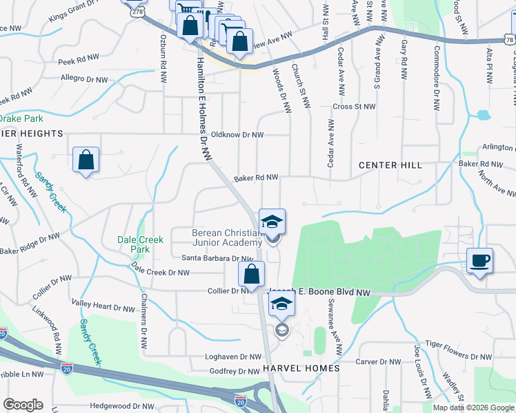 map of restaurants, bars, coffee shops, grocery stores, and more near 2517 Ryne Street Northwest in Atlanta