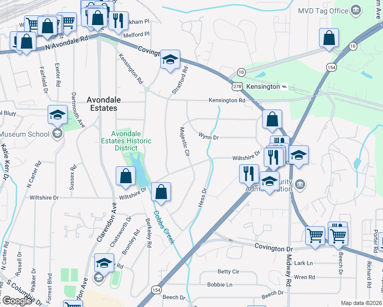 map of restaurants, bars, coffee shops, grocery stores, and more near 3095 Majestic Circle in Avondale Estates