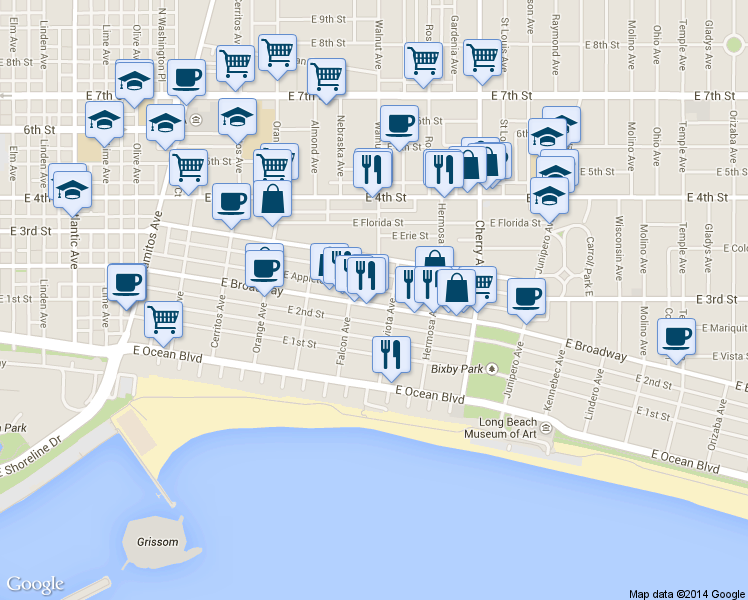 map of restaurants, bars, coffee shops, grocery stores, and more near 1605 East Broadway in Long Beach