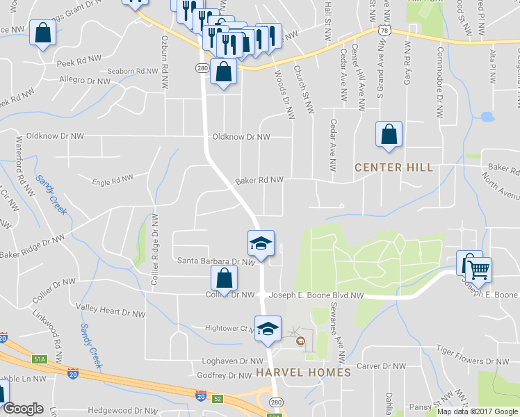 map of restaurants, bars, coffee shops, grocery stores, and more near 2701 Hood Avenue Northwest in Atlanta