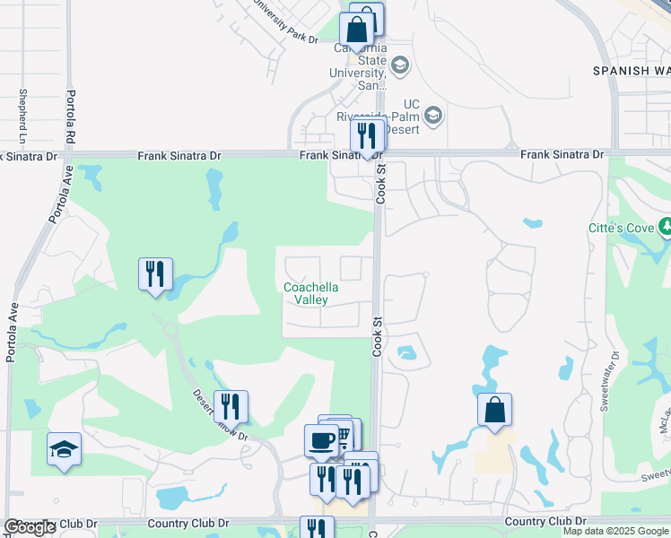 map of restaurants, bars, coffee shops, grocery stores, and more near 38731 Desert Mirage Drive in Palm Desert