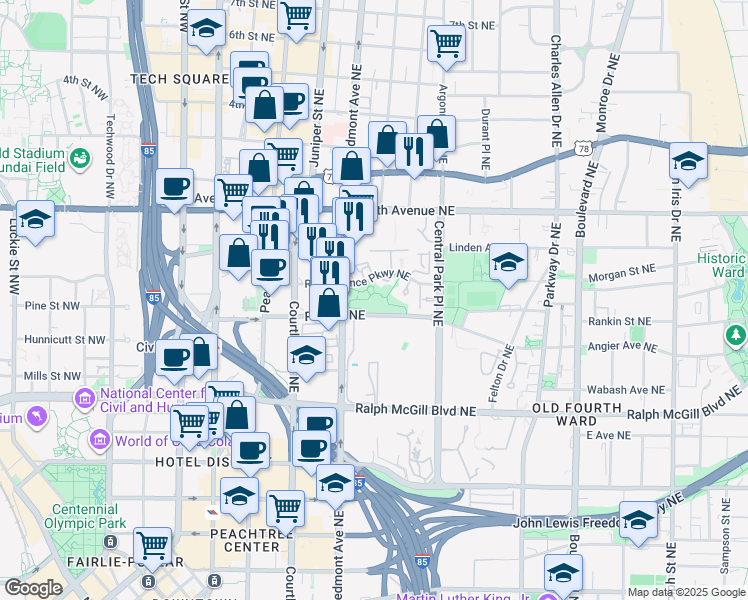 map of restaurants, bars, coffee shops, grocery stores, and more near 505 Piedmont Avenue Northeast in Atlanta