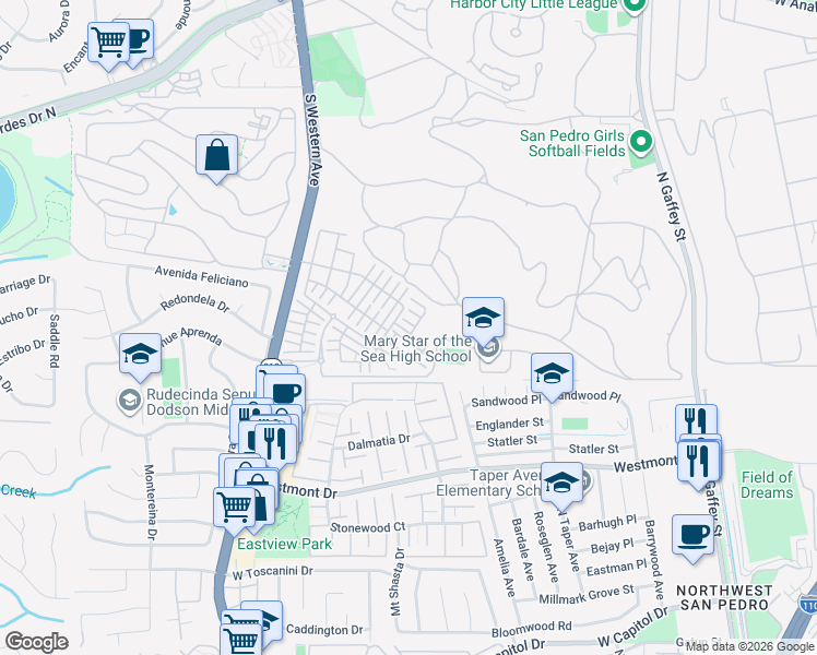 map of restaurants, bars, coffee shops, grocery stores, and more near 1468 Longview Lane in Los Angeles