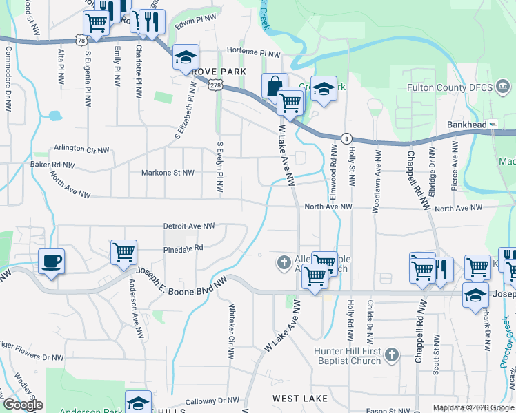 map of restaurants, bars, coffee shops, grocery stores, and more near 1718 North Avenue Northwest in Atlanta