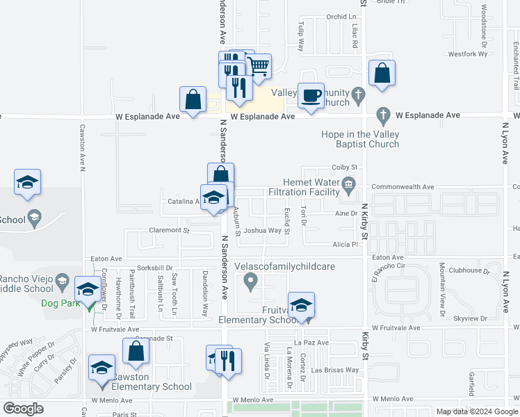 map of restaurants, bars, coffee shops, grocery stores, and more near 1255 Millie Drive in Hemet