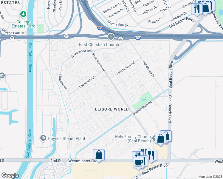 map of restaurants, bars, coffee shops, grocery stores, and more near 1501 Pelham Road in Seal Beach