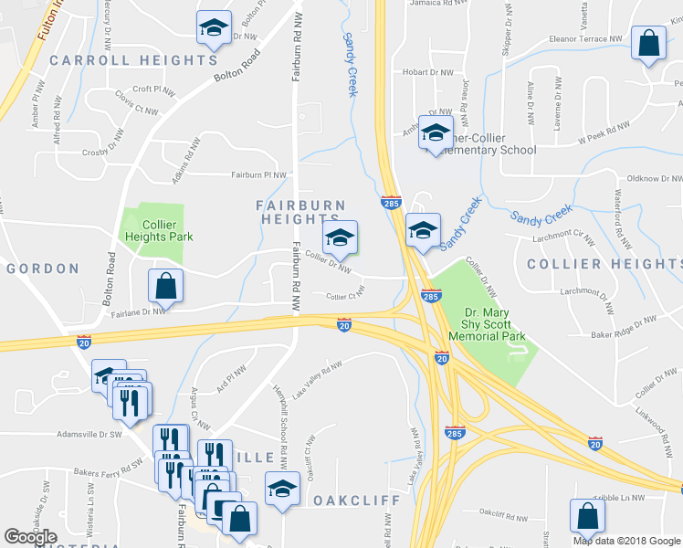 map of restaurants, bars, coffee shops, grocery stores, and more near 3362 Collier Dr NW in Atlanta