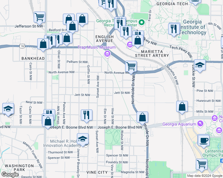 map of restaurants, bars, coffee shops, grocery stores, and more near 630 Cameron Madison Alexander Boulevard Northwest in Atlanta