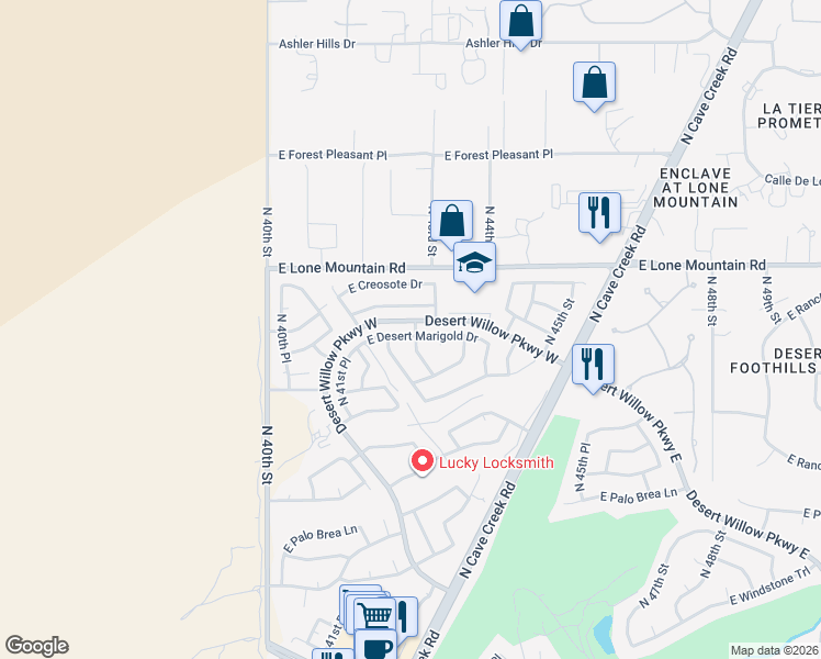 map of restaurants, bars, coffee shops, grocery stores, and more near 4244 East Desert Marigold Drive in Cave Creek