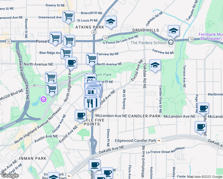 map of restaurants, bars, coffee shops, grocery stores, and more near 1249 Mansfield Avenue Northeast in Atlanta