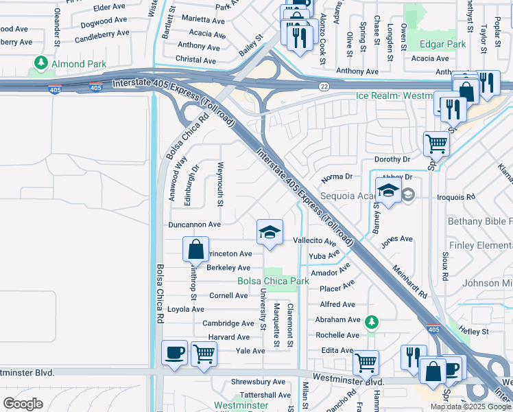 map of restaurants, bars, coffee shops, grocery stores, and more near 5302 Franklin Circle in Westminster