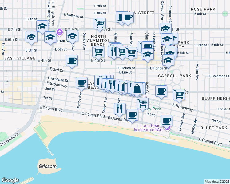 map of restaurants, bars, coffee shops, grocery stores, and more near 1605 East Broadway in Long Beach