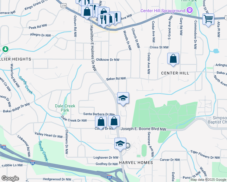 map of restaurants, bars, coffee shops, grocery stores, and more near 449 Hamilton E Holmes Drive Northwest in Atlanta
