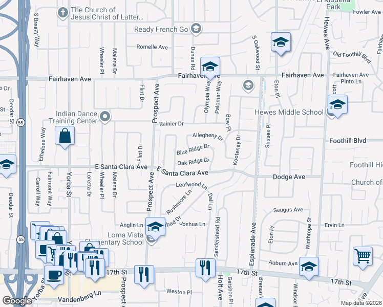 map of restaurants, bars, coffee shops, grocery stores, and more near 18092 Blue Ridge Drive in Santa Ana