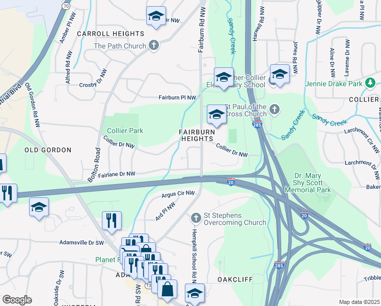 map of restaurants, bars, coffee shops, grocery stores, and more near 483 Fairlane Circle Northwest in Atlanta