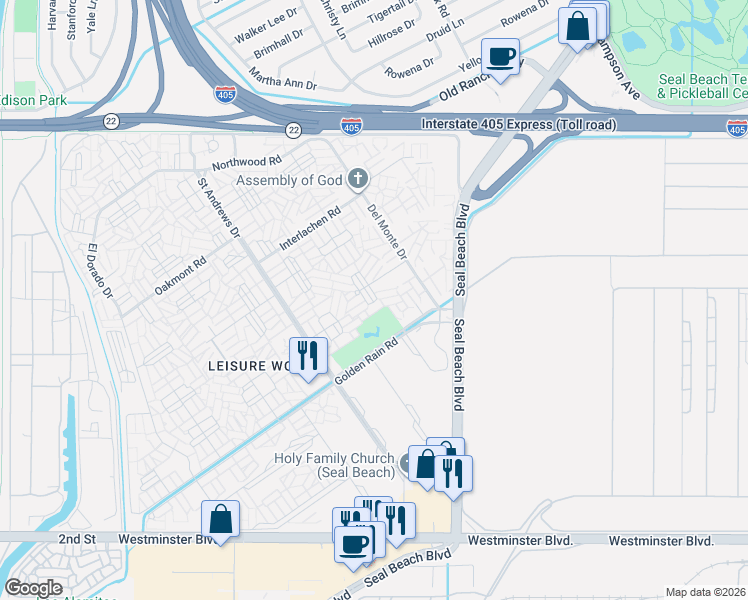 map of restaurants, bars, coffee shops, grocery stores, and more near 1740 Sunningdale Road in Seal Beach
