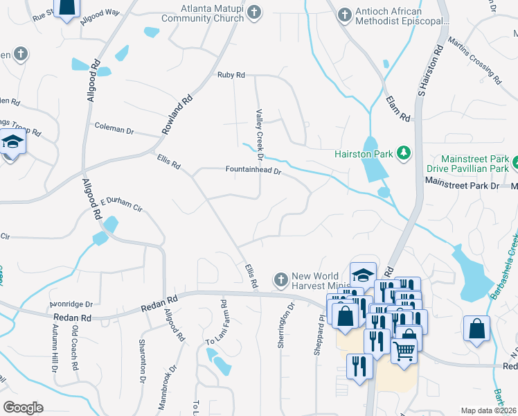 map of restaurants, bars, coffee shops, grocery stores, and more near 4515 Hope Springs Road in Stone Mountain