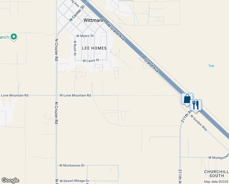 map of restaurants, bars, coffee shops, grocery stores, and more near 21508 West Lone Mountain Road in Wittmann