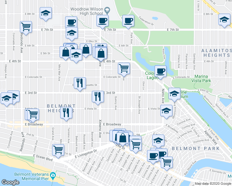 map of restaurants, bars, coffee shops, grocery stores, and more near East 3rd Street & Quincy Avenue in Long Beach