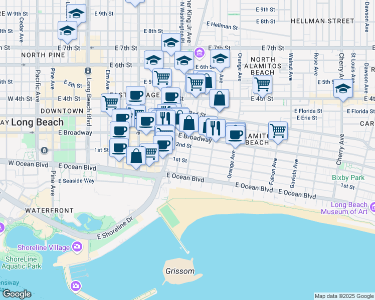 map of restaurants, bars, coffee shops, grocery stores, and more near 135 Bonito Avenue in Long Beach