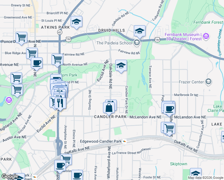 map of restaurants, bars, coffee shops, grocery stores, and more near 502 Oakdale Road Northeast in Atlanta
