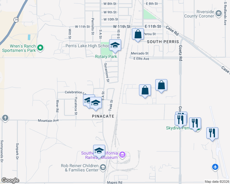 map of restaurants, bars, coffee shops, grocery stores, and more near 1811 Teak Street in Perris