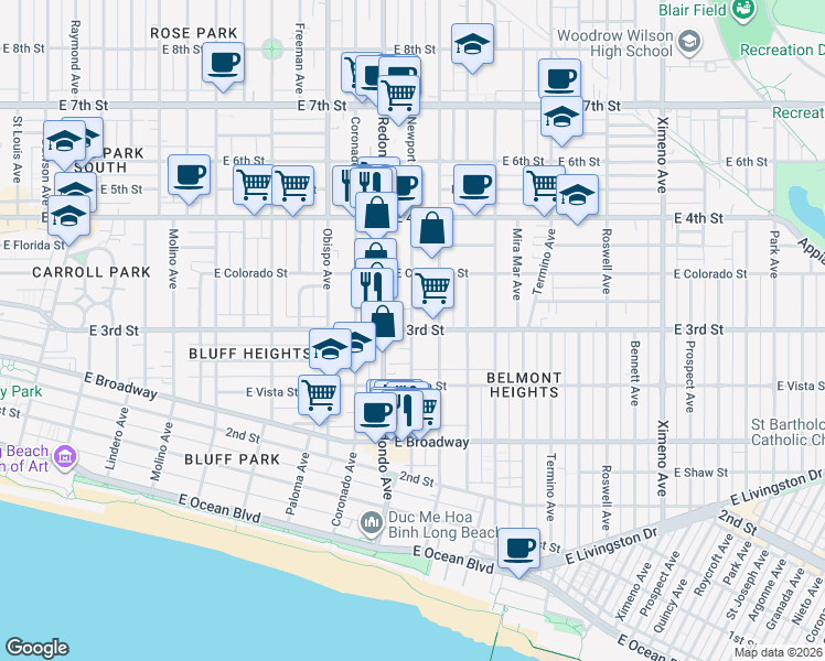 map of restaurants, bars, coffee shops, grocery stores, and more near E 3rd St & N Newport Ave in Long Beach