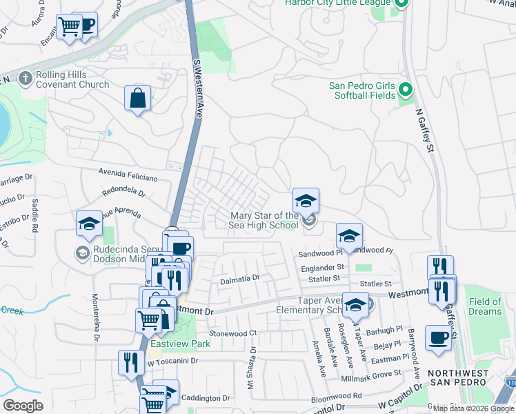 map of restaurants, bars, coffee shops, grocery stores, and more near 1474 Longview Lane in Los Angeles