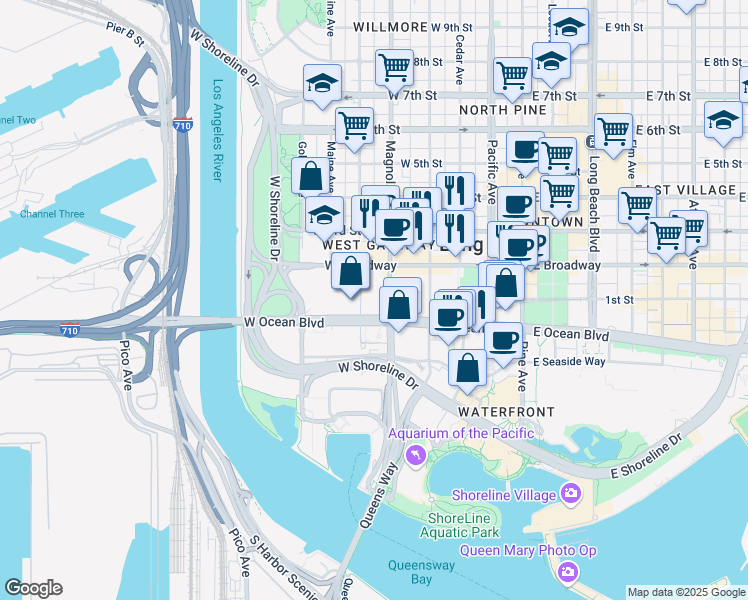 map of restaurants, bars, coffee shops, grocery stores, and more near 501 West Ocean Boulevard in Long Beach