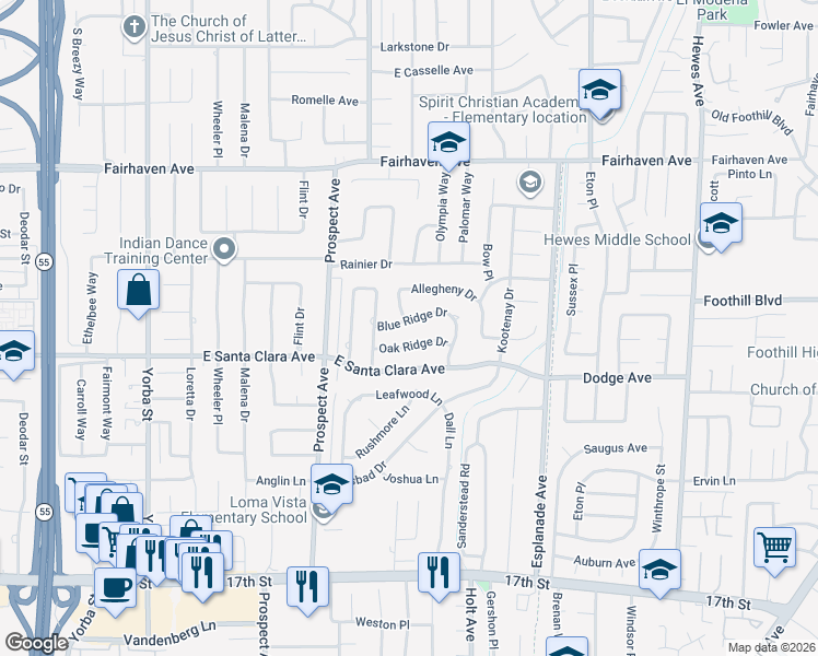 map of restaurants, bars, coffee shops, grocery stores, and more near 18092 Blue Ridge Drive in Santa Ana