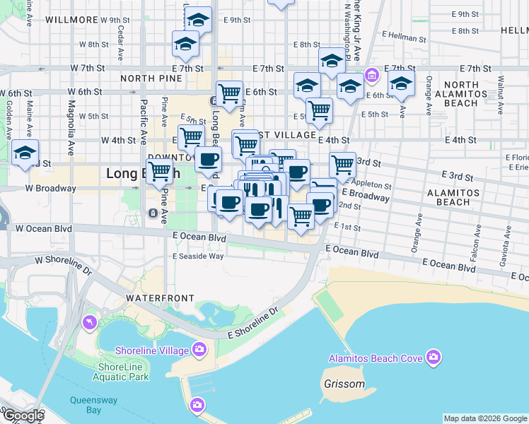 map of restaurants, bars, coffee shops, grocery stores, and more near Linden Ave & E 1st St in Long Beach