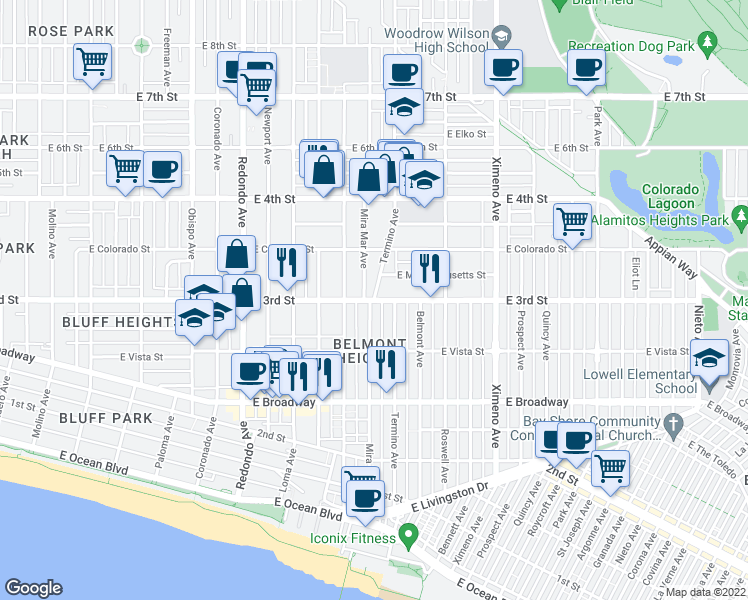 map of restaurants, bars, coffee shops, grocery stores, and more near East 3rd Street & Termino Avenue in Long Beach