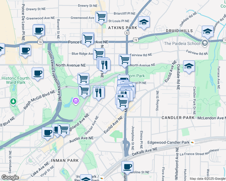 map of restaurants, bars, coffee shops, grocery stores, and more near 510 Seminole Avenue Northeast in Atlanta