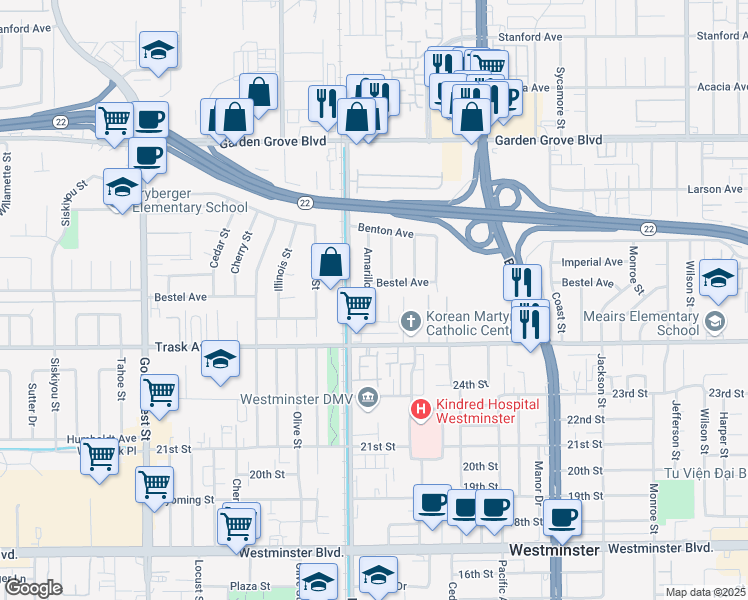 map of restaurants, bars, coffee shops, grocery stores, and more near 13372 Amarillo Drive in Westminster