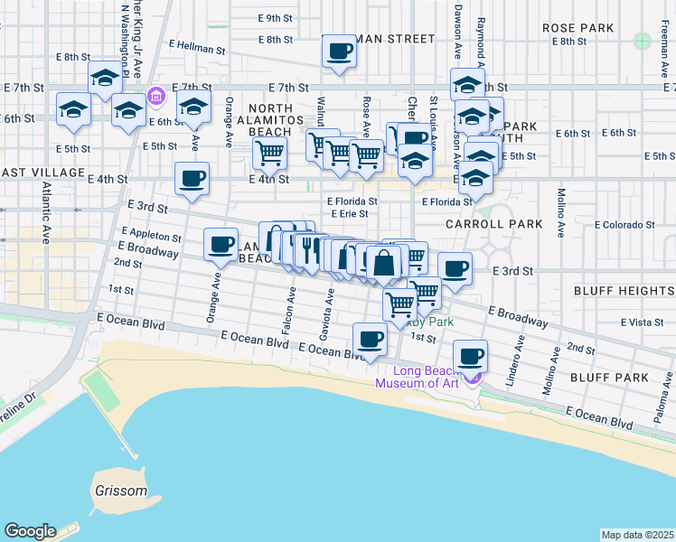 map of restaurants, bars, coffee shops, grocery stores, and more near 236 Gaviota Avenue in Long Beach