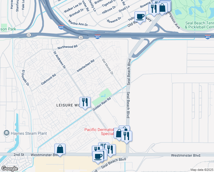 map of restaurants, bars, coffee shops, grocery stores, and more near 1830 Sunningdale Road in Seal Beach