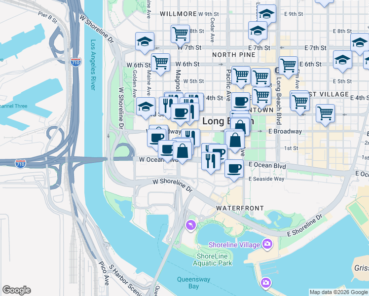 map of restaurants, bars, coffee shops, grocery stores, and more near 411 West Ocean Boulevard in Long Beach
