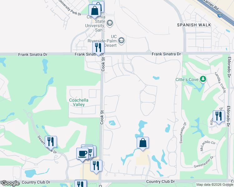 map of restaurants, bars, coffee shops, grocery stores, and more near 665 Vista Lago Circle North in Palm Desert