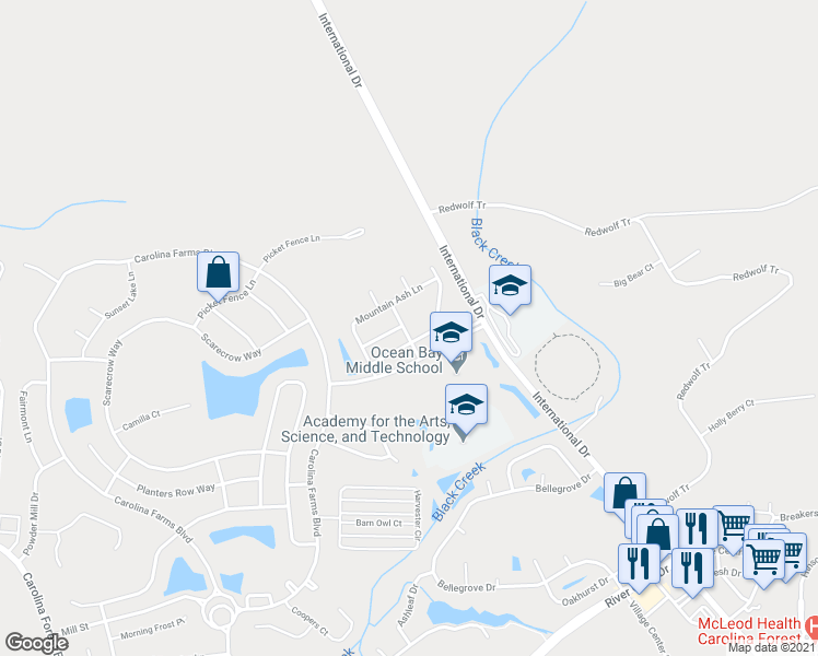 map of restaurants, bars, coffee shops, grocery stores, and more near 308 Bull Run Way in Myrtle Beach