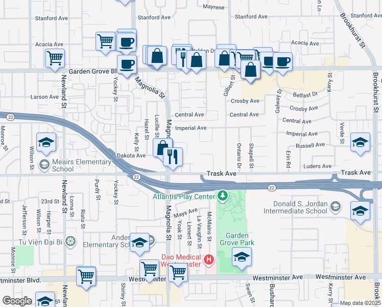 map of restaurants, bars, coffee shops, grocery stores, and more near 9109 Bestel Avenue in Garden Grove