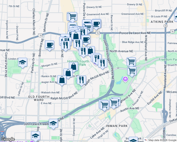 map of restaurants, bars, coffee shops, grocery stores, and more near 760 Ralph McGill Boulevard Northeast in Atlanta