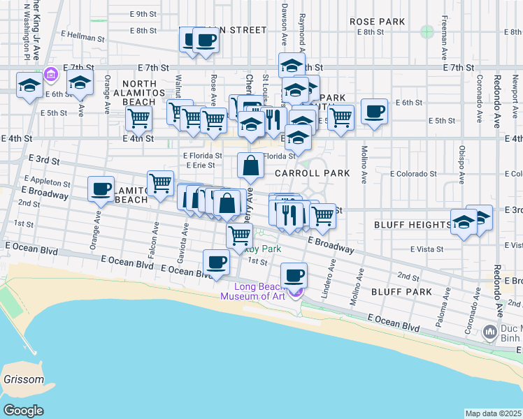 map of restaurants, bars, coffee shops, grocery stores, and more near 2027 East Appleton Street in Long Beach